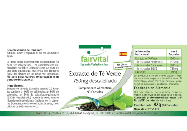 Grüner Tee Extrakt 750mg entkoffeiniert (fairvital)_spanisch