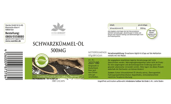 Schwarzkümmel-Öl 500mg kaltgepresst (Warnke) - Label