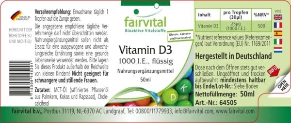 Vitamin D3 flüssig - 1000 I.E. pro Tropfen (fairvital)_deutsch