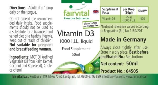 Vitamin D3 flüssig - 1000 I.E. pro Tropfen (fairvital)_englisch