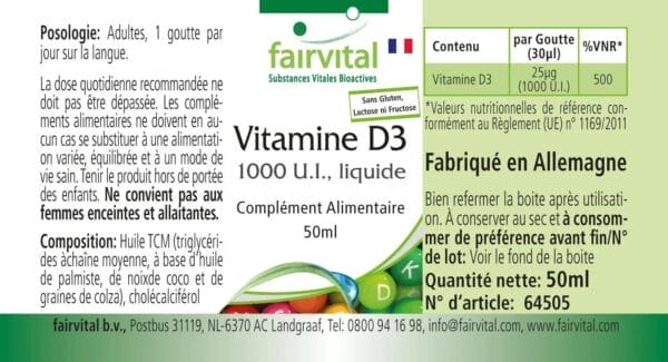 Vitamin D3 flüssig - 1000 I.E. pro Tropfen (fairvital)_französisch